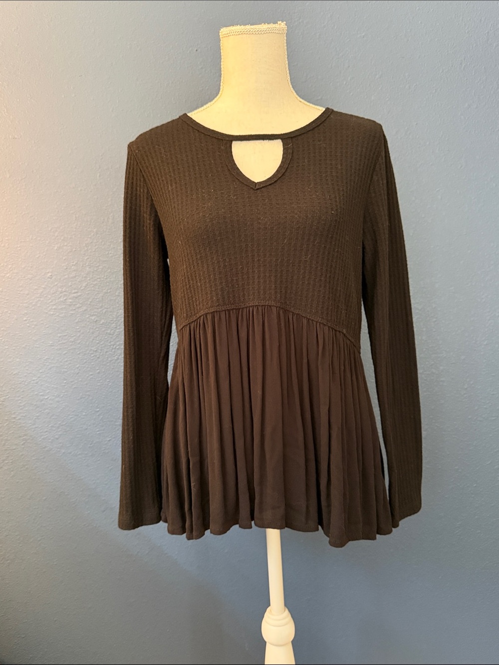 Women's Brown Long-Sleeve Peplum Top with Keyhole Neckline